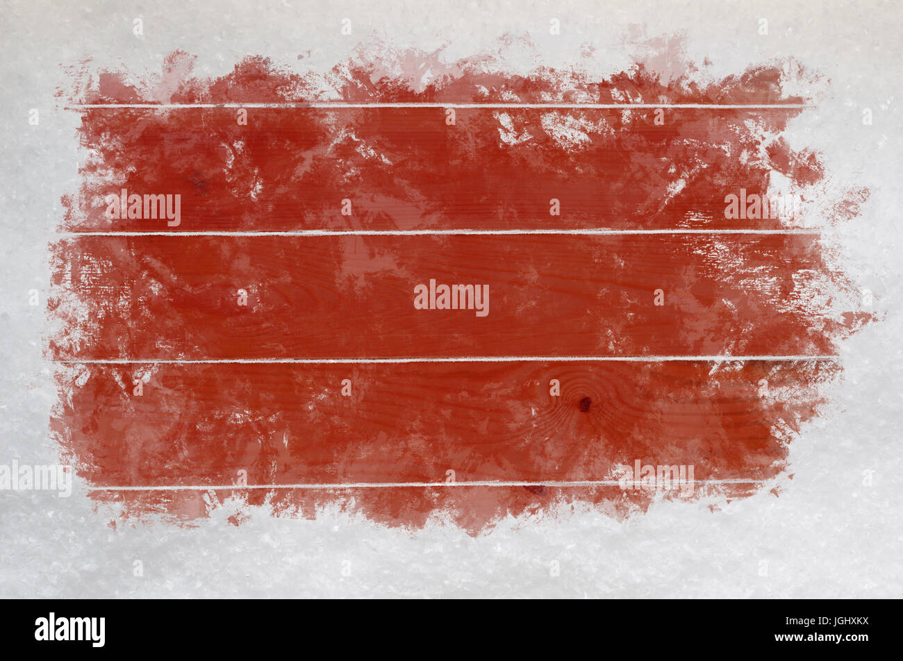 Roten Holz Beplankung schneefrei für Textfreiraum, lassen einen grobe verschneiten Rand abgeschabt. Holz und Kunstschnee sind, Compositing und veränderten fotografiert worden Stockfoto