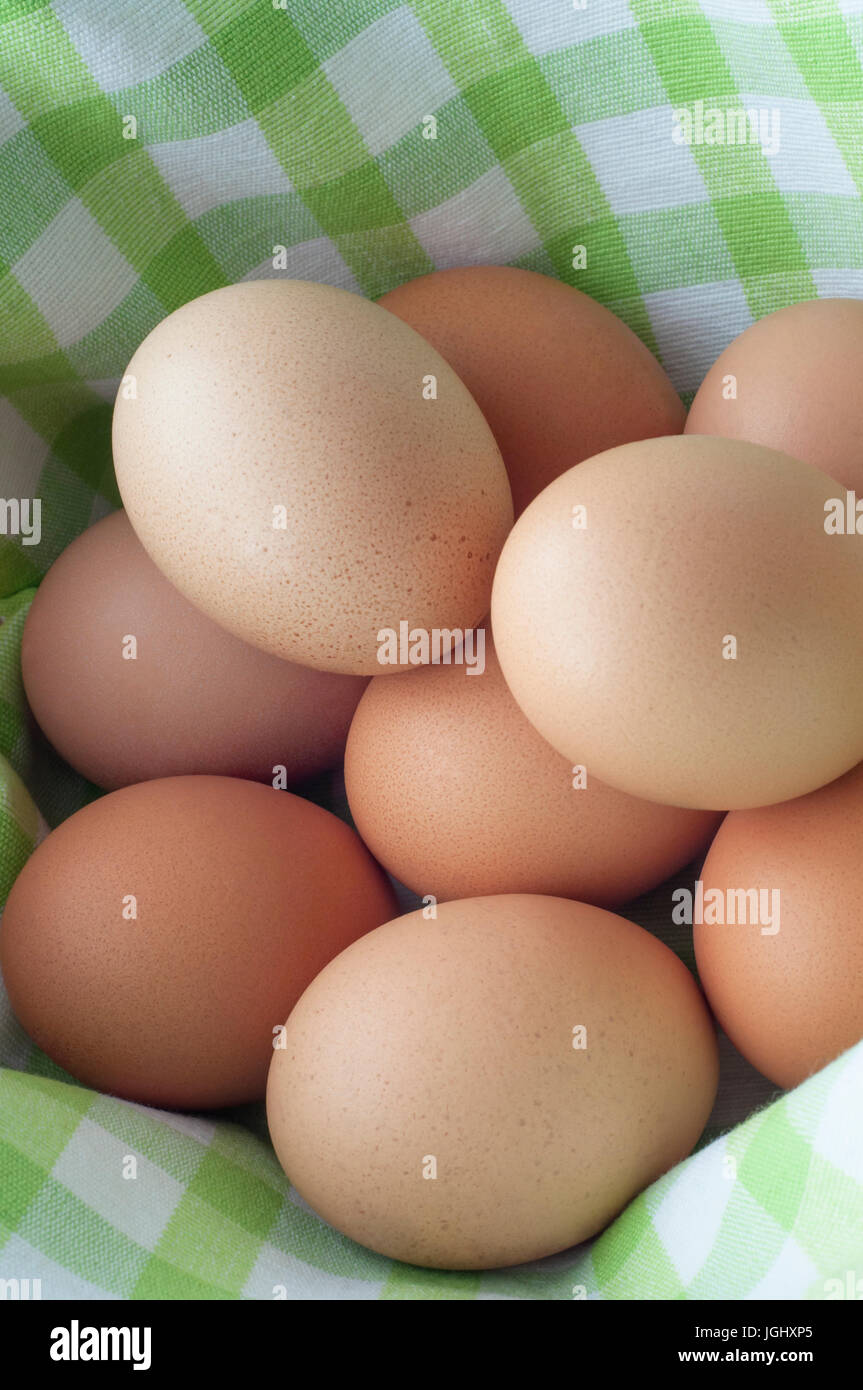Nahaufnahme eines Korbs von braunen Eiern, gestapelt auf einem frischen Grün-weiß karierte überprüft Tuch Baumwollfutter. Stockfoto