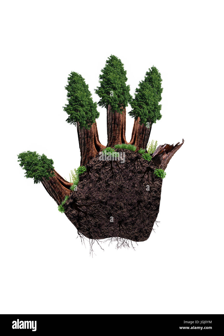 Schutz der Umwelt Hand geformt mit Bäume und Boden um die Verbindung zwischen Mensch und Natur darzustellen Stockfoto