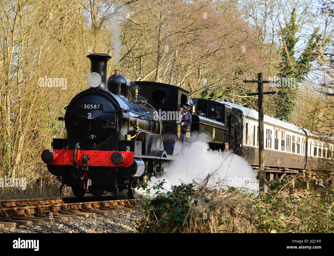 Doppelköpfige Dampfzug auf der South Devon Railway, geschleppten Beattie gut Tank Nr. 30587 und GWR Pannier Tank Nr. 1369. Stockfoto