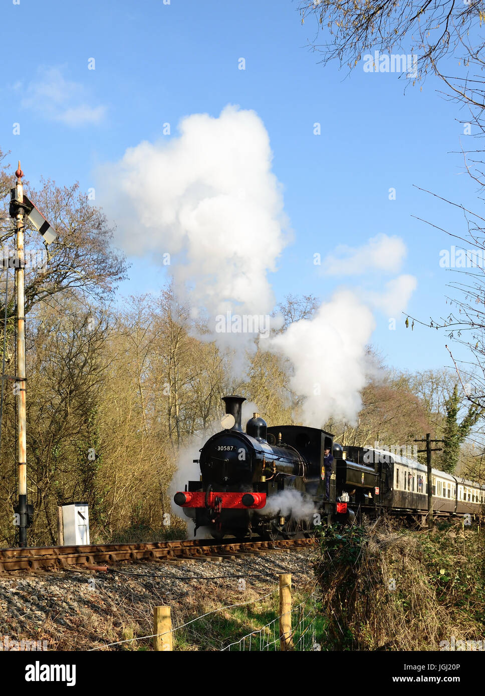 Doppelköpfige Dampfzug auf der South Devon Railway, geschleppten Beattie gut Tank Nr. 30587 und GWR Pannier Tank Nr. 1369. Stockfoto