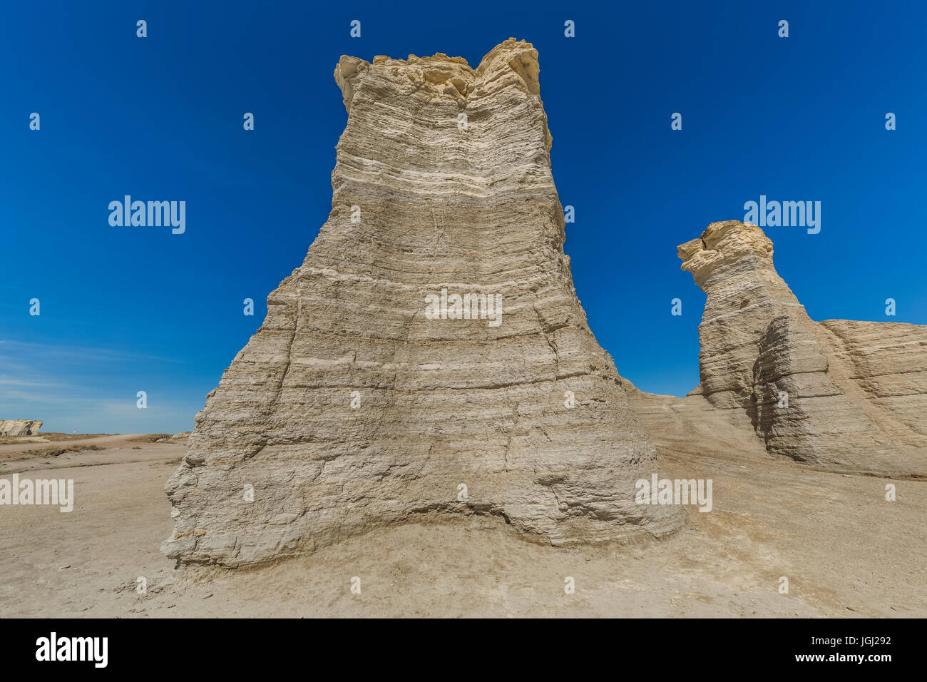 Niobrara Chalk Formations at Monument Rocks, aka Chalk Pyramids, das erste National Natural Landmark in den Vereinigten Staaten, Kansas Stockfoto