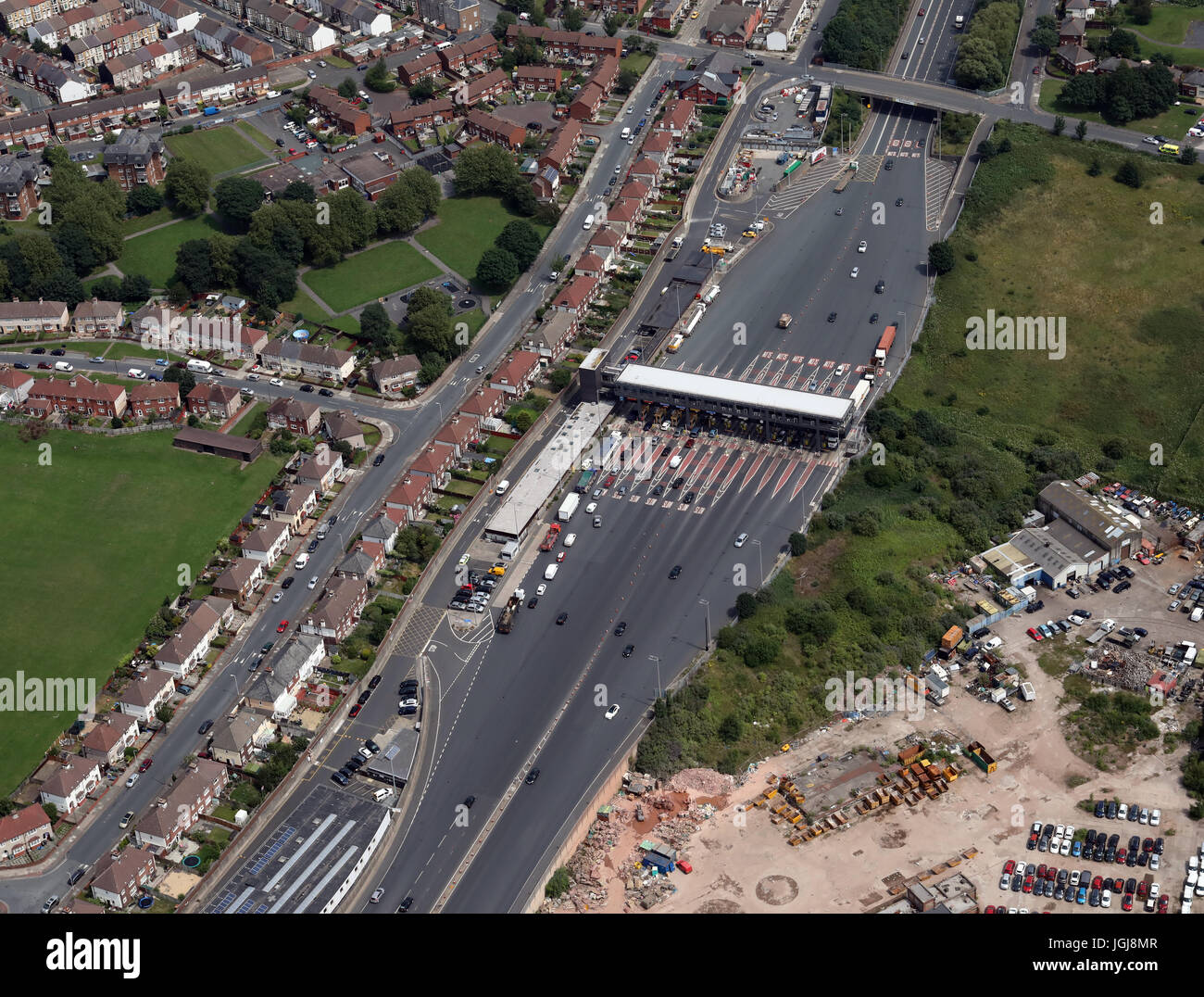 Luftaufnahme von Birkenhead Seite des Mersey-Tunnel, Wirral, Merseyside, Großbritannien Stockfoto