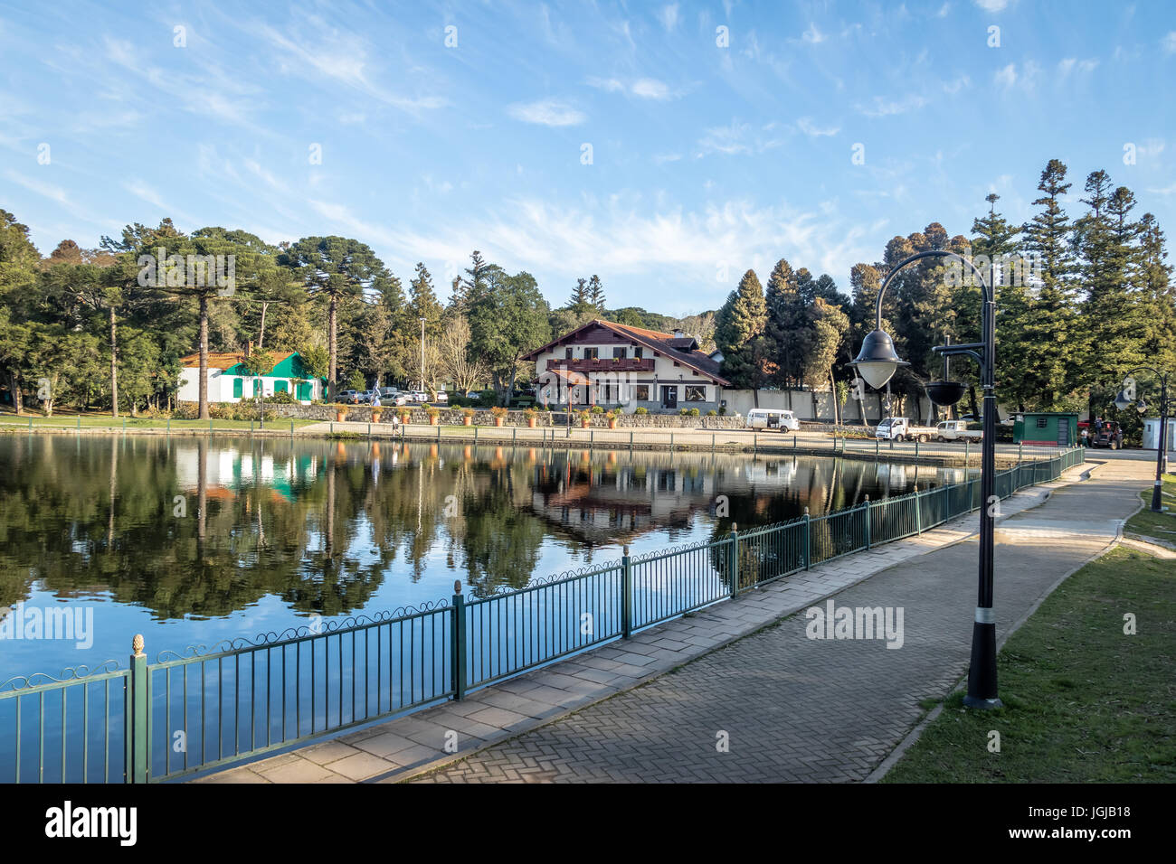 Joaquina Rita Bier Square und See - Gramado, Rio Grande do Sul, Brasilien Stockfoto