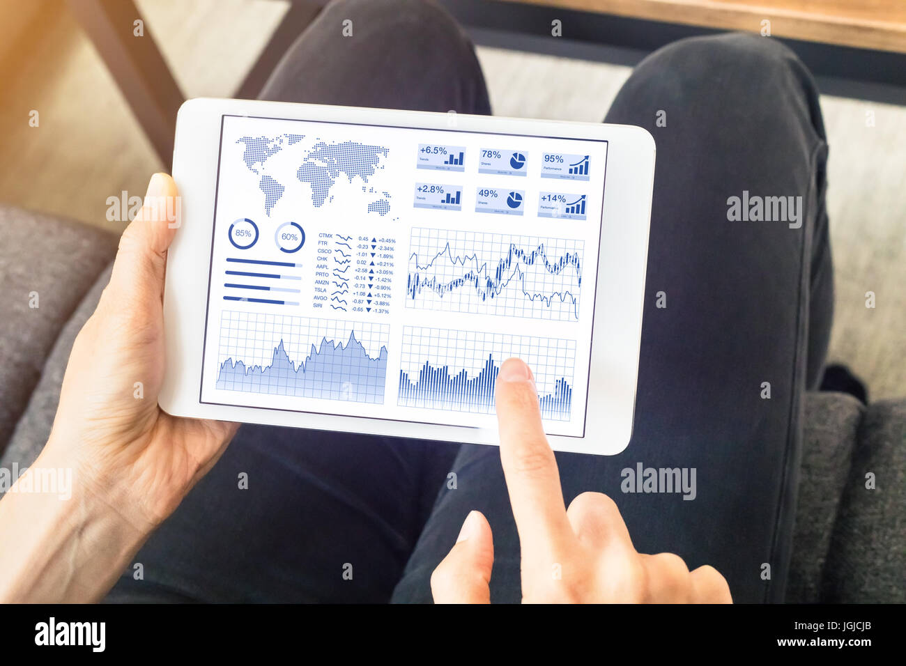 Person, die mit finanziellen Dashboard mit Diagrammen und Key Performance Indicators (KPI) auf Tablet PC-Bildschirm zu Hause für Investitionen Stockfoto