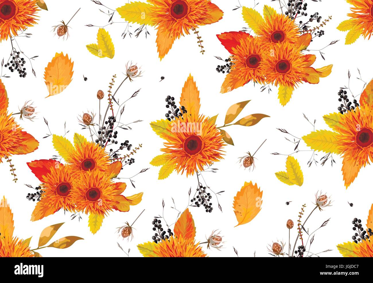 Muster nahtlos Herbst Blumen Gerbera Sonnenblume Blume Asche verlässt Beere Hintergrundbild orange, gelben Design Aquarell Stil hinsichtlich Stock Vektor