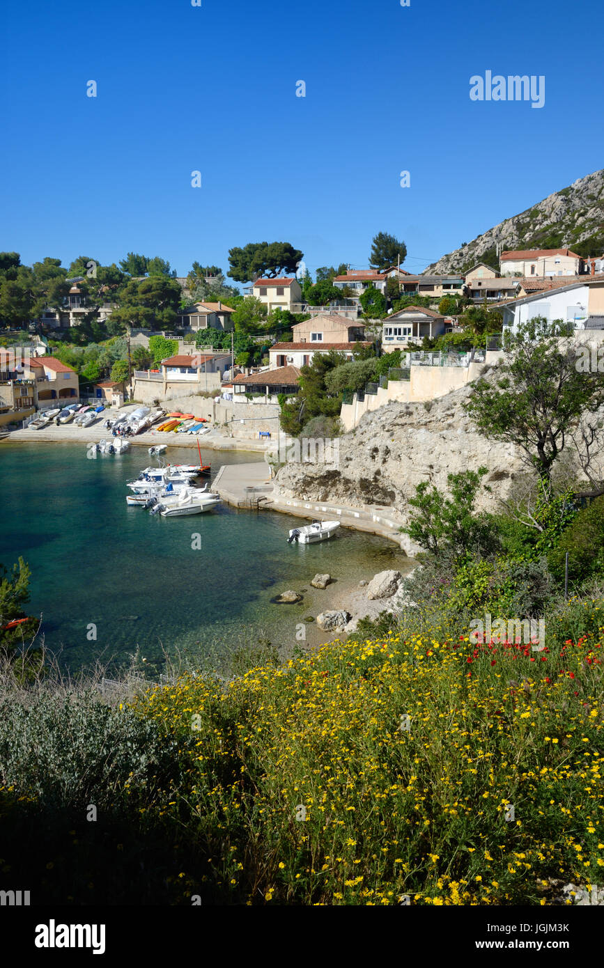 Niolon Calanque, Bucht oder Fischerdorf an La Côte Bleue oder blaue Küste an der Mittelmeerküste westlich von Marseille Provence Frankreich Stockfoto