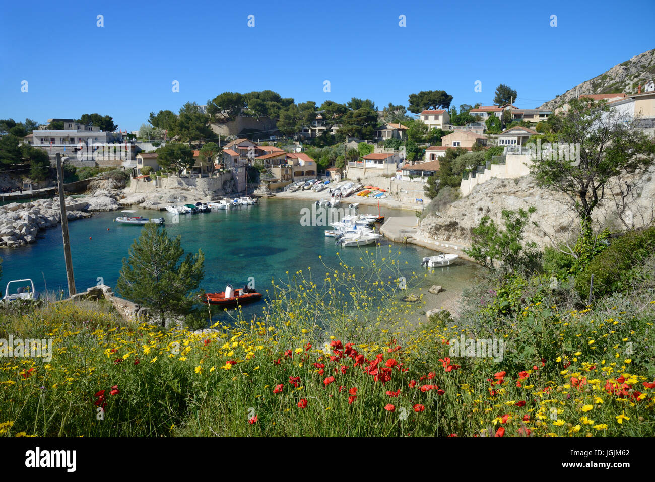 Niolon Calanque, Bucht oder Fischerdorf an La Côte Bleue oder blaue Küste an der Mittelmeerküste westlich von Marseille Provence Frankreich Stockfoto