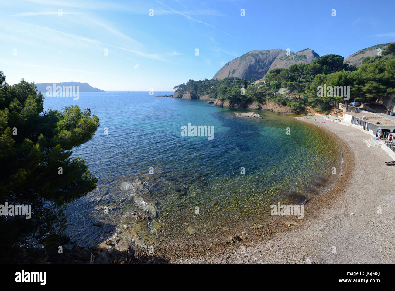 Mugel Strand & Bucht an der Mittelmeer Küste in La Ciotat Provence Frankreich Stockfoto