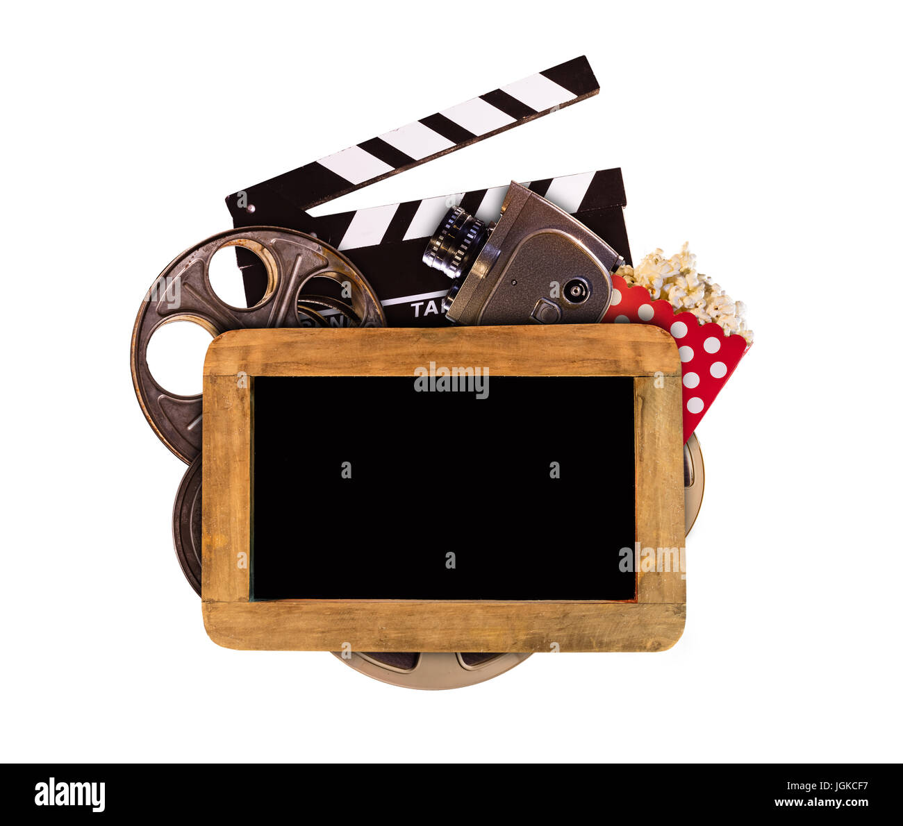 Retro-Film Produktion Zubehör isoliert auf weißem Hintergrund mit leere Tafel für Exemplar. Konzept des Filmemachens. Stockfoto