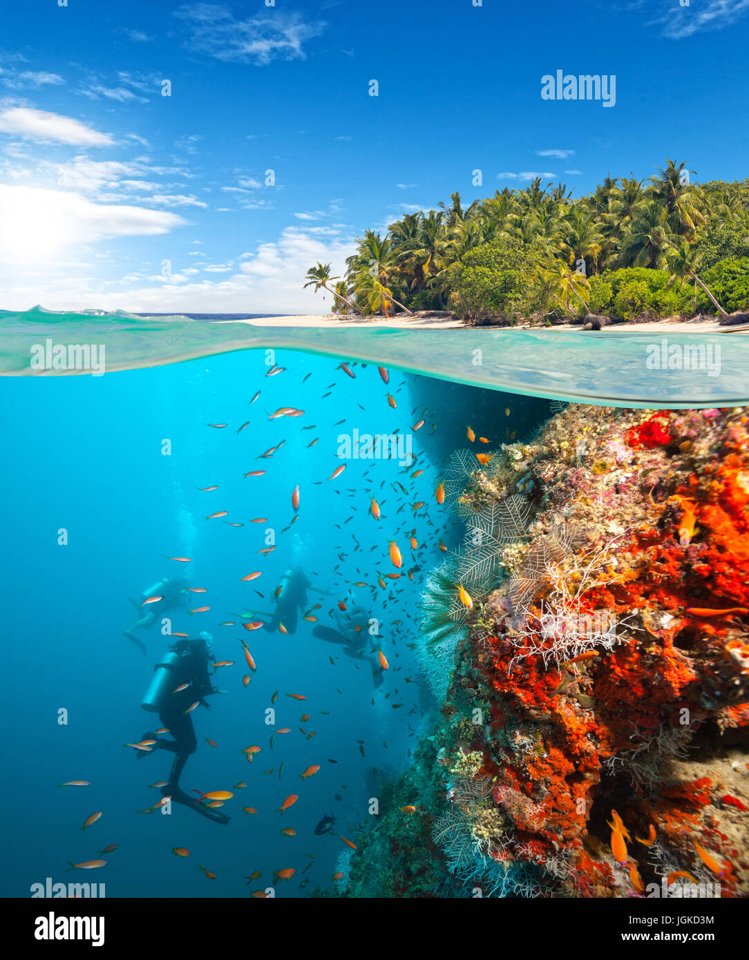 Gruppe von Tauchern Korallenriff zu erkunden. Unterwasser-Sport und tropischen Urlaub Vorlage Stockfoto