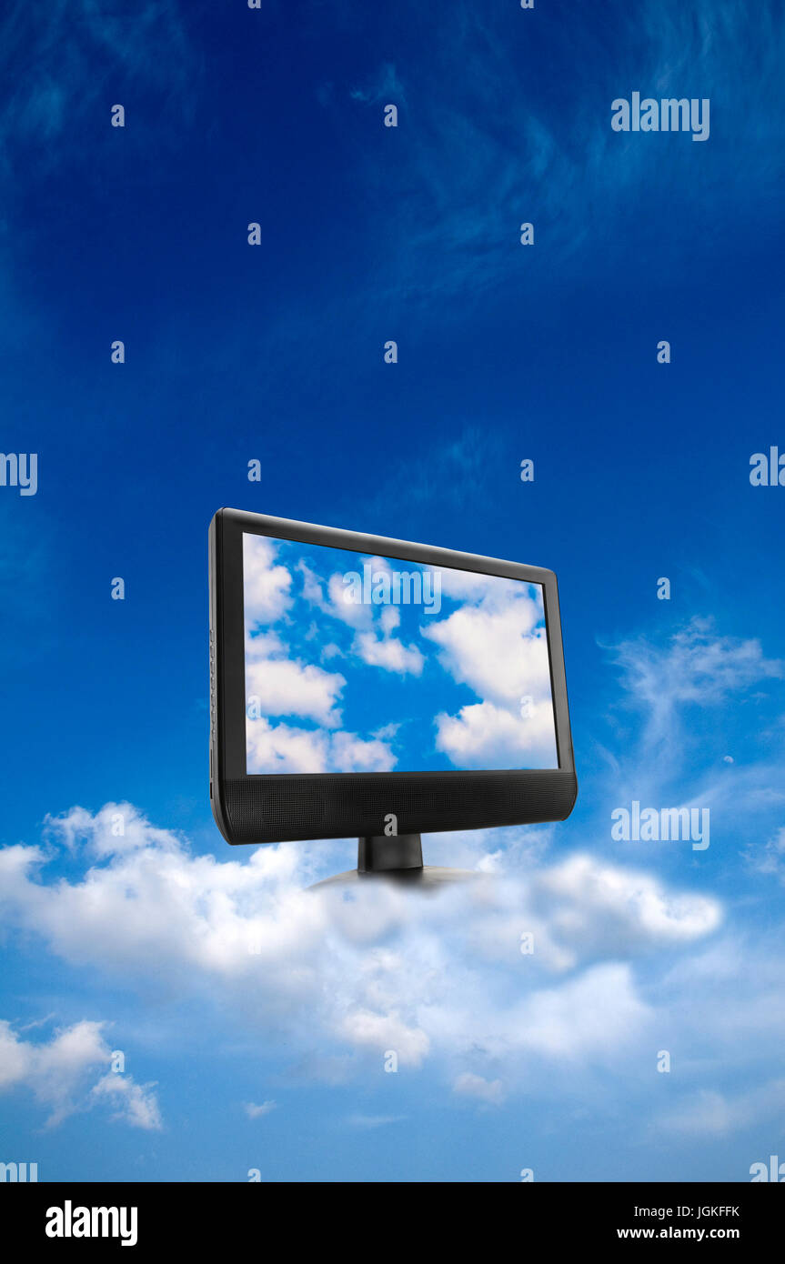 Computer-Monitor in den Himmel, die Datenspeicherung in der Cloud und Cloud-computing-Konzept Stockfoto