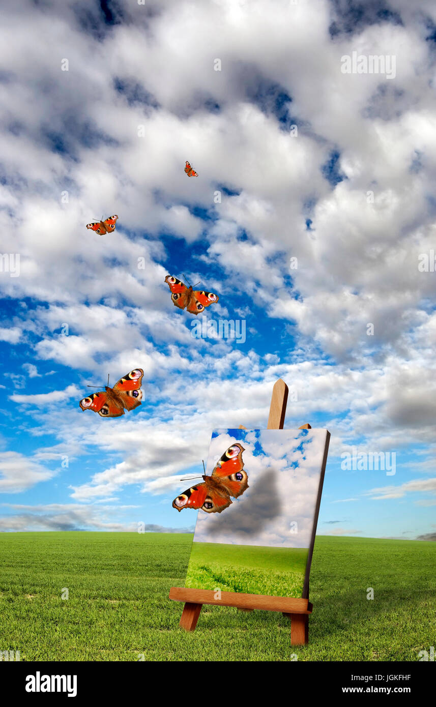Schmetterlinge fliegen weg von einem Maler Staffelei, Kreativität, Transformation, Veränderung und Phantasie-Konzept Stockfoto