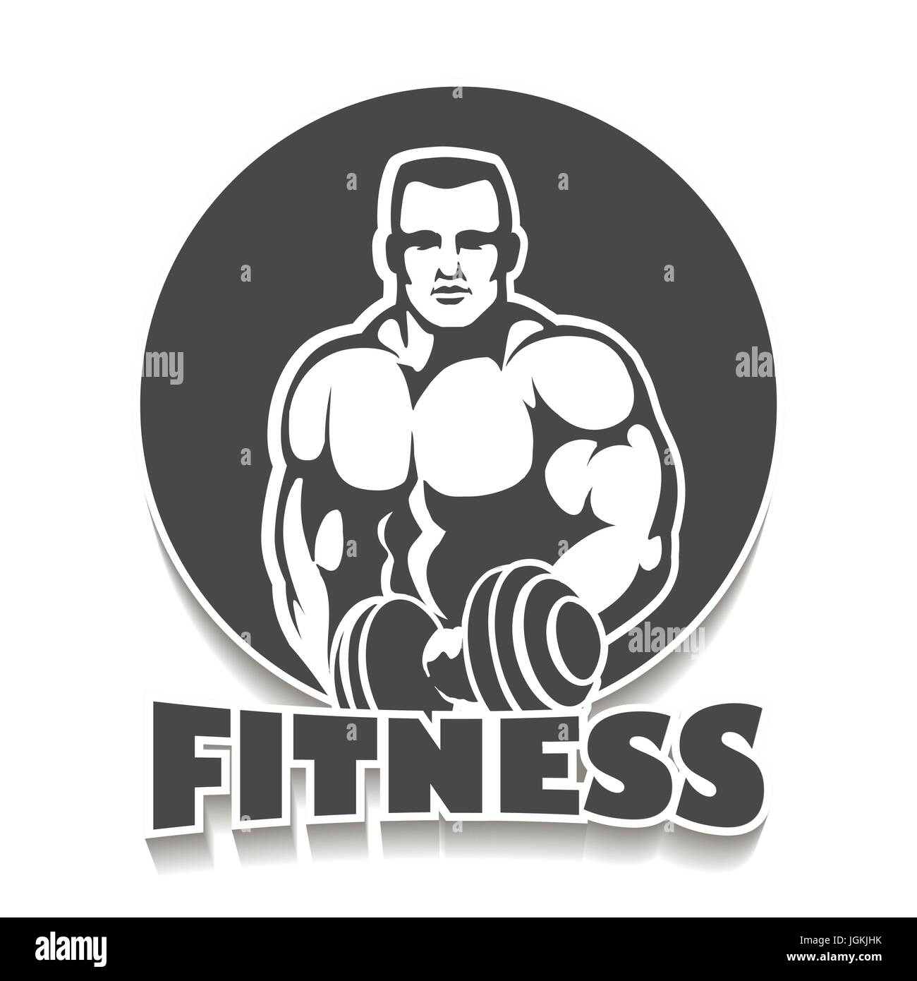 Fitness-Club oder Fitness-Studio-Emblem. Sportlicher Mann mit Hanteln. Athletische Sport-kreativ-Konzept. Bodybuilder Zeichen, Symbol, Abzeichen. Stock Vektor