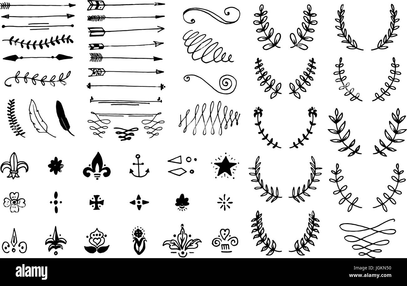 Riesige Pack oder Set gravierte Hand gezeichnet im Stil der alten oder antiken Skizze, blüht Vintage kalligraphische Gestaltung Elemente Dekorationen. Logo oder Wappen, Retro-Label und Abzeichen. Ornamente und Monogramme. Stock Vektor