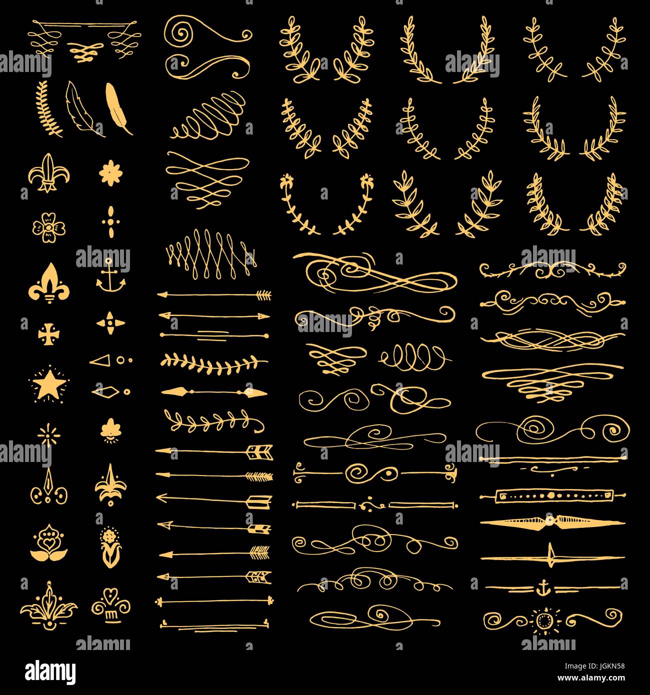 Riesige Pack oder Set gravierte Hand gezeichnet im Stil der alten oder antiken Skizze, blüht Vintage kalligraphische Gestaltung Elemente Dekorationen. Logo oder Wappen, Retro-Label und Abzeichen. Ornamente und Monogramme. Stock Vektor