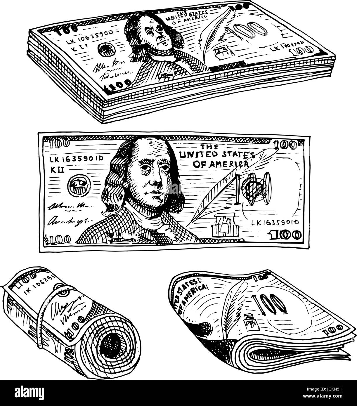 Detaillierte, Banknoten oder amerikanische Franklin grün 100 Dollar oder Bargeld und Münzen. gravierte handgezeichnete im alten Stil Sketch, Vintage Geld Bill Symbole. finanziellen Erfolg der USA. Tasche oder Geldbörse aus Gold. Stock Vektor