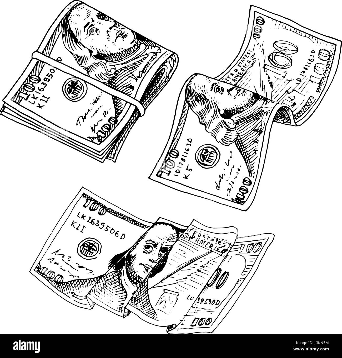 Detaillierte, Banknoten oder amerikanische Franklin grün 100 Dollar oder Bargeld und Münzen. gravierte handgezeichnete im alten Stil Sketch, Vintage Geld Bill Symbole. finanziellen Erfolg der USA. Tasche oder Geldbörse aus Gold. Stock Vektor