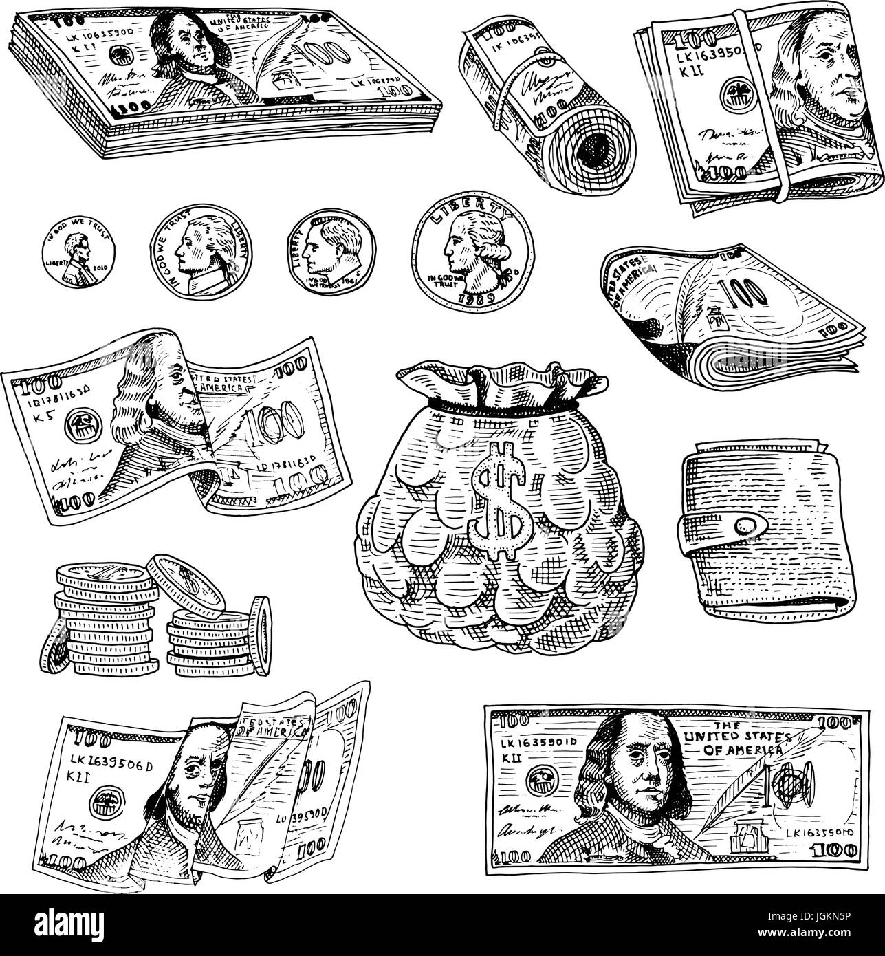 Detaillierte, Banknoten oder amerikanische Franklin grün 100 Dollar oder Bargeld und Münzen. gravierte handgezeichnete im alten Stil Sketch, Vintage Geld Bill Symbole. finanziellen Erfolg der USA. Tasche oder Geldbörse aus Gold. Stock Vektor
