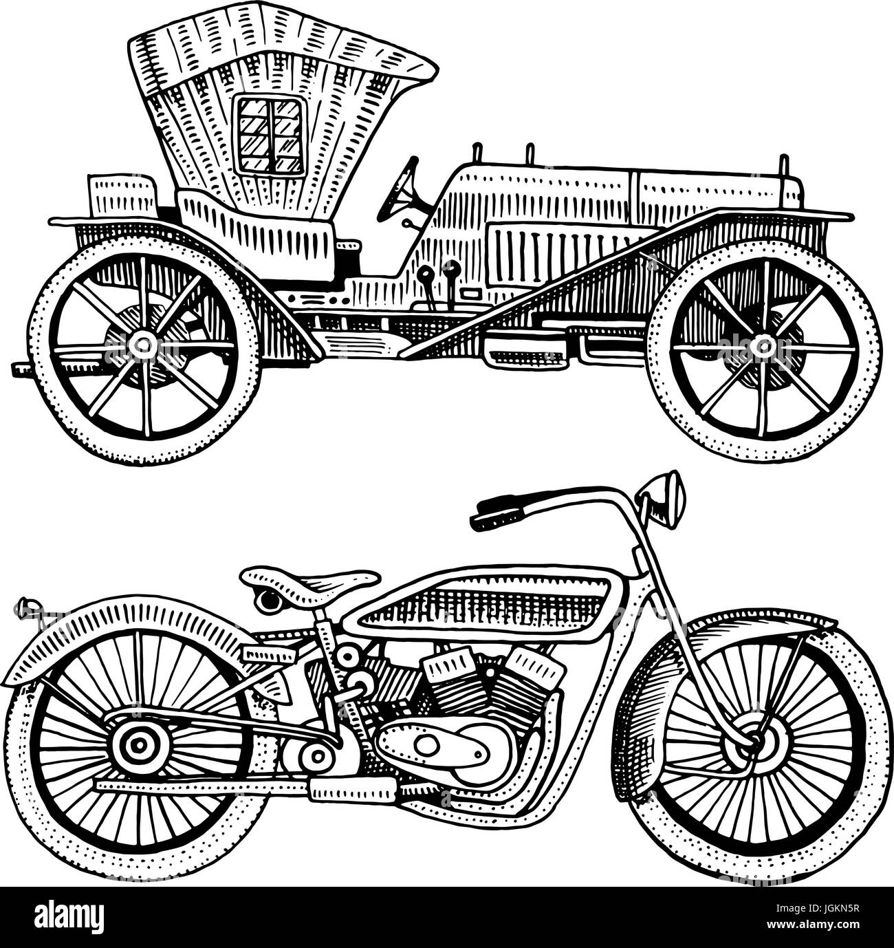 Klassisches Beispiel für Auto, Maschine oder Motor und Motorrad oder Motorrad. gravierte handgezeichnete im alten Stil Sketch, Oldtimer Transport. Stock Vektor