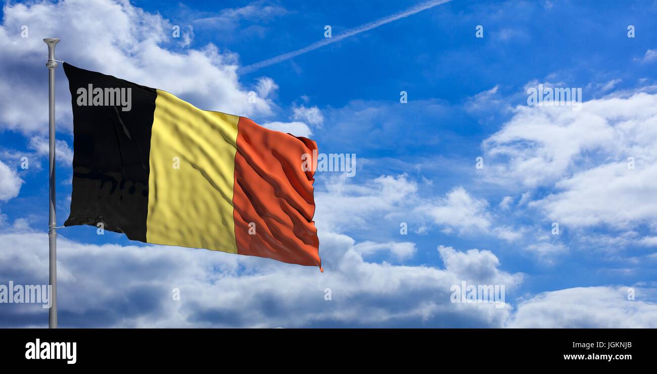 Belgien-Fähnchen auf blauen Himmelshintergrund. 3D illustration Stockfoto