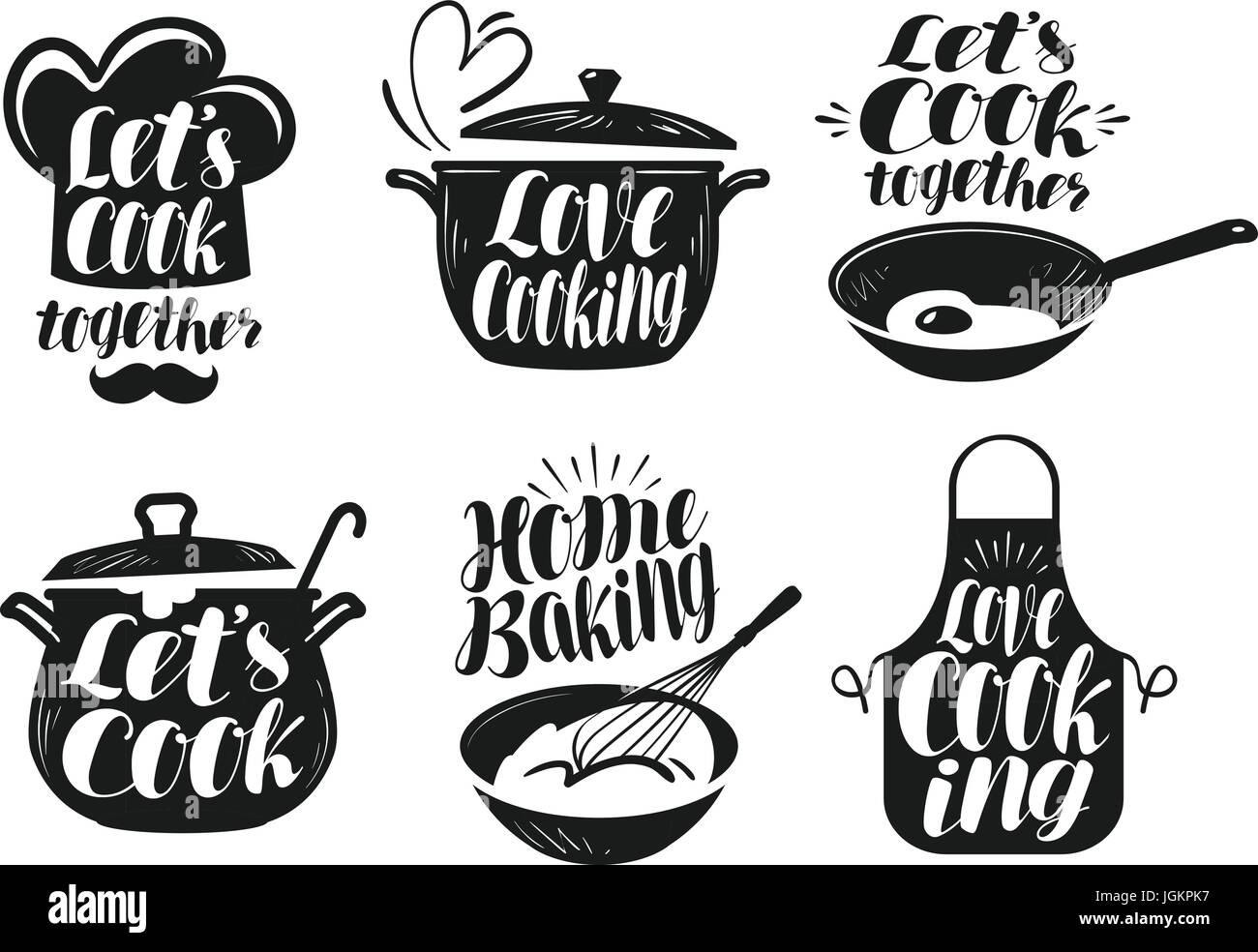 Kochen, Kochen, Küche-Beschriftung-Set. Koch, Koch, Küche Geschirr Symbol oder Logo. Handgeschriebene Schrift, Kalligraphie-Vektor-illustration Stock Vektor