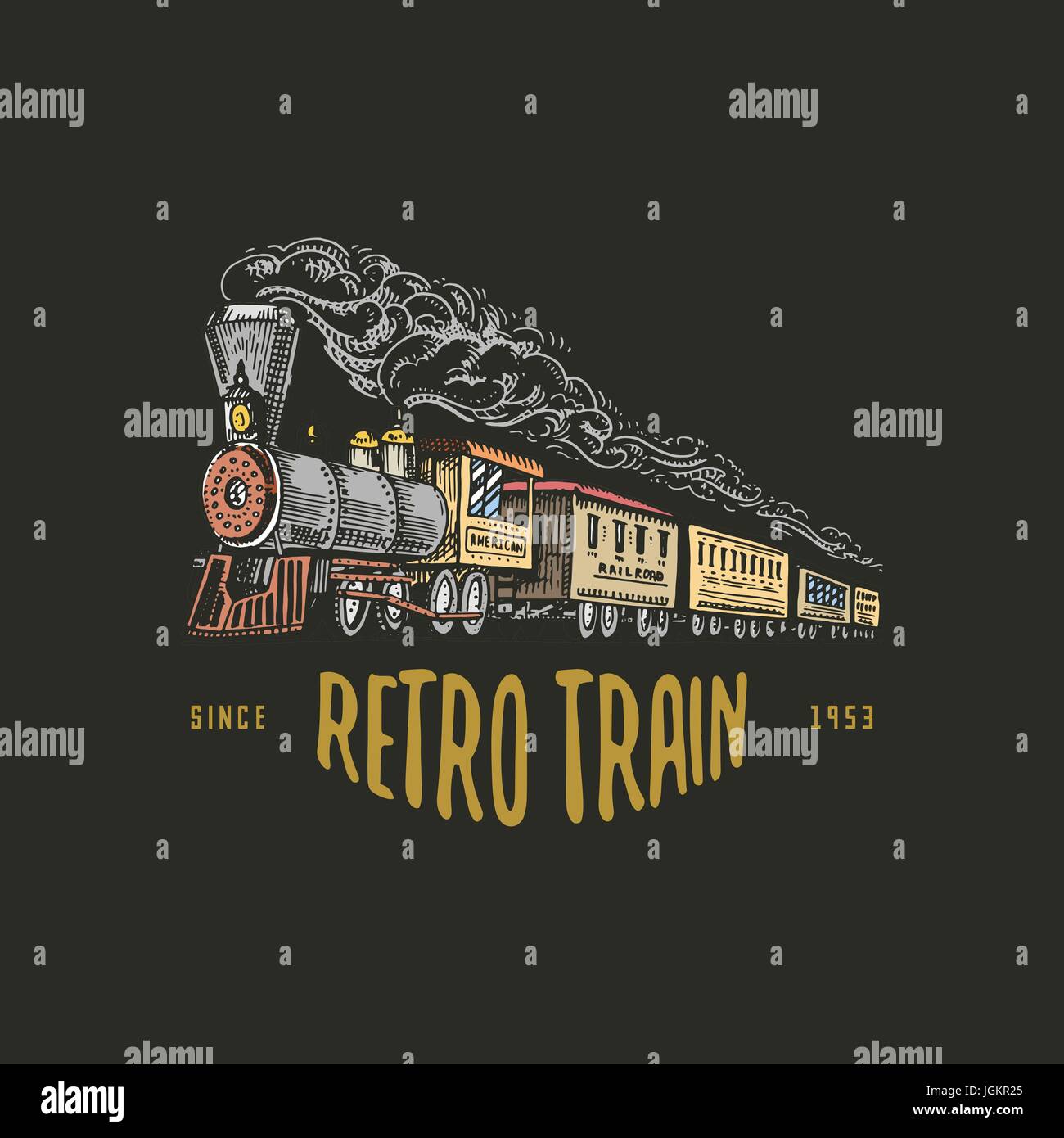 gravierte Jahrgang, Hand gezeichnet, alte Lokomotive oder Zug mit Dampf auf amerikanische Eisenbahn. Retro-Transport. Stock Vektor