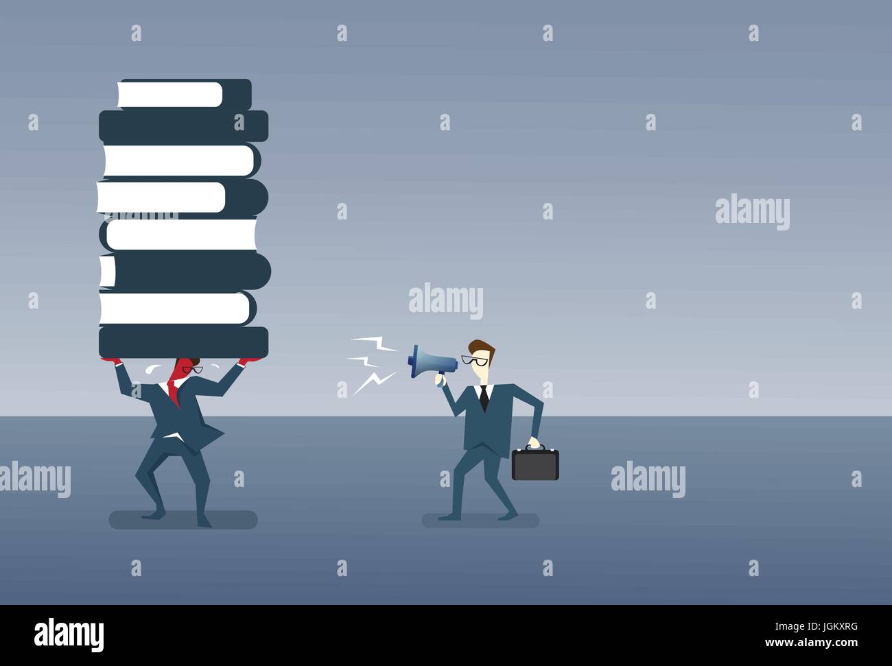 Geschäftsmann mit Megaphon auf Arbeiter Falten Stapel von Geschäftskonzept Bildung Buch Chef schreien Stock Vektor