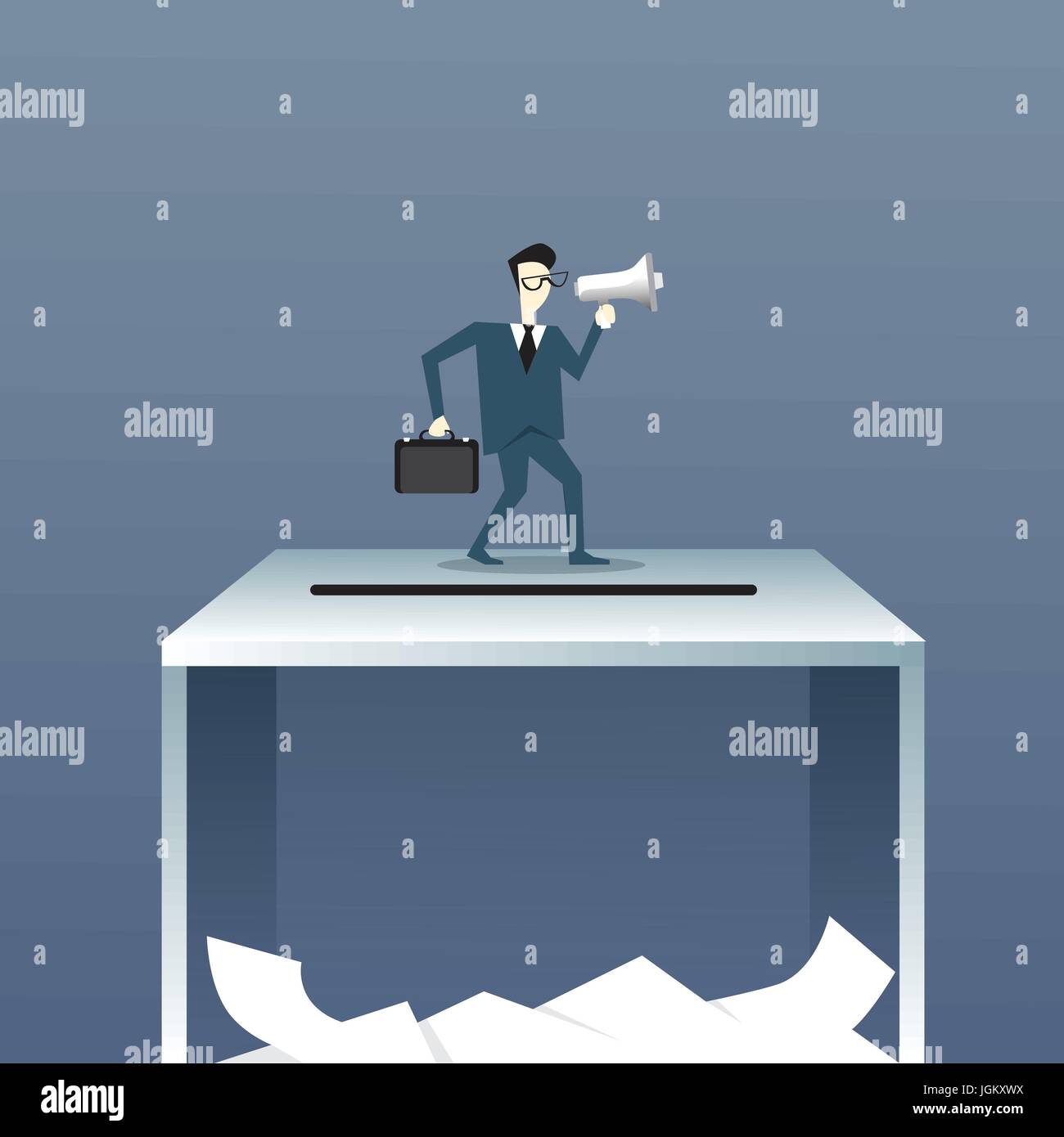 Geschäftsmann, die Wahlurne Abstimmung Kampagnenkonzept Megaphon Stand festhalten Stock Vektor