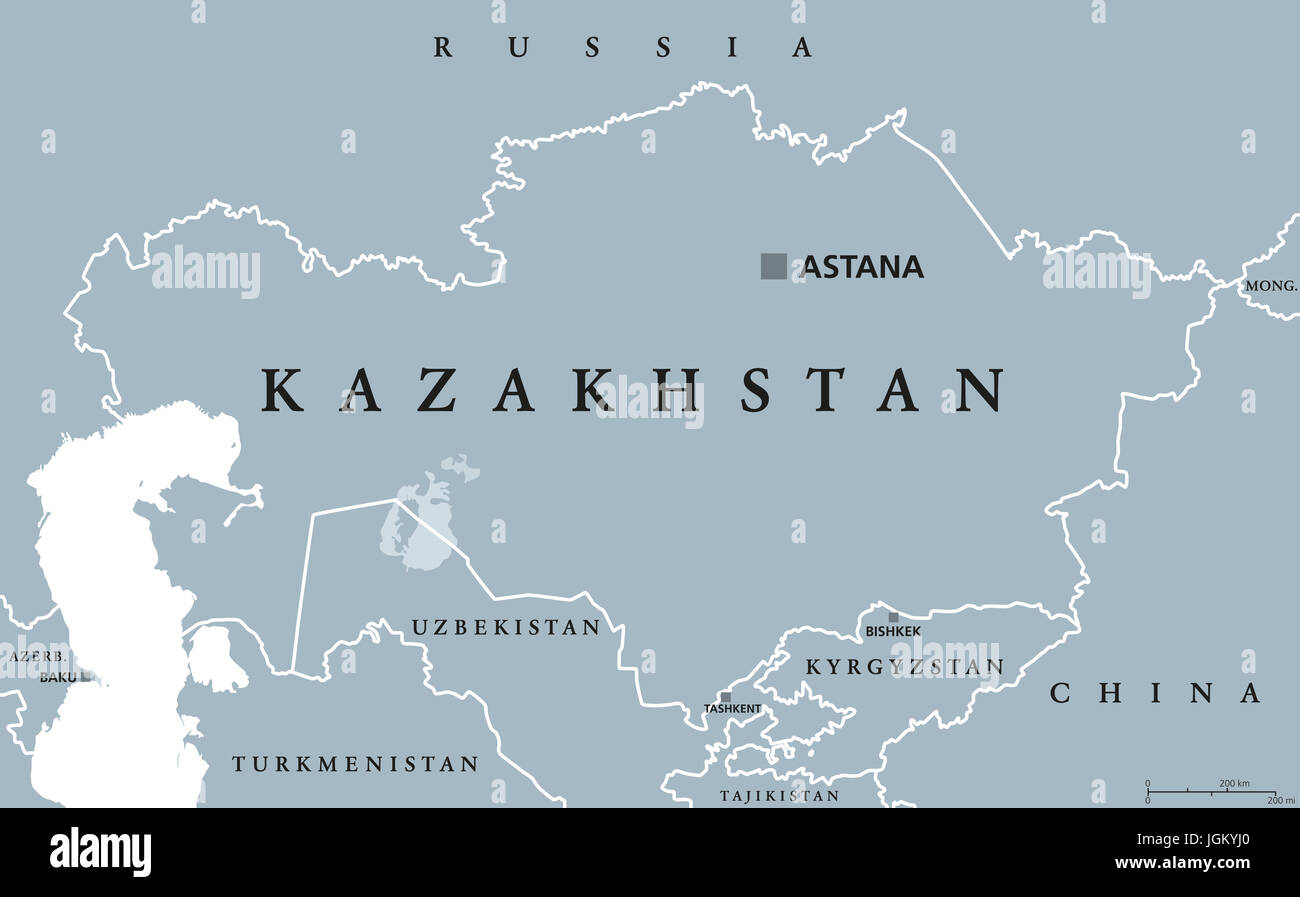Kasachstan politische Karte mit Hauptstadt Astana. Republik. Transkontinentales Land im Norden von Zentral-Asien und Osteuropa. Graue Abbildung. Stockfoto