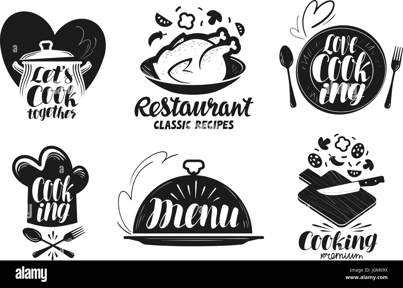 Restaurant, Menü, Essen-Beschriftung-Set. Kochen, Küche, Küche-Symbol oder Logo. Schriftzüge, Kalligraphie Vektor-illustration Stock Vektor