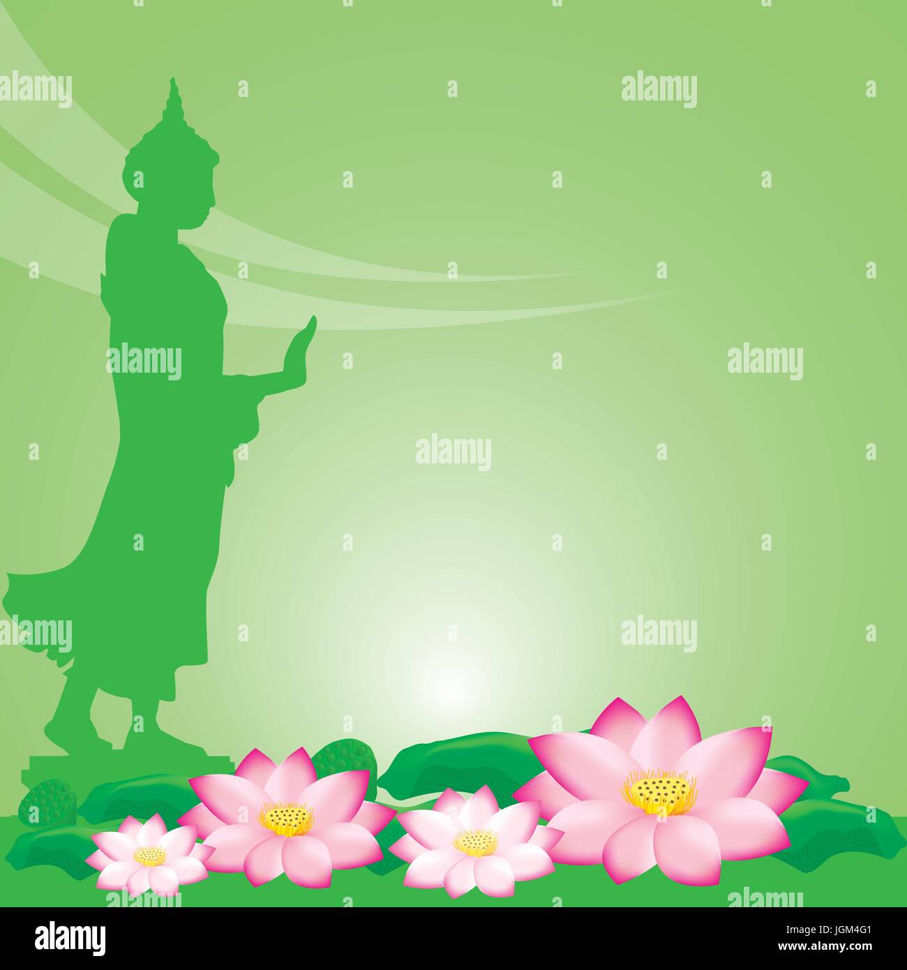 Buddha-Statue und Lotus thai Tradition, Visakha Puja Tag, Vektor-Illustration. Stock Vektor