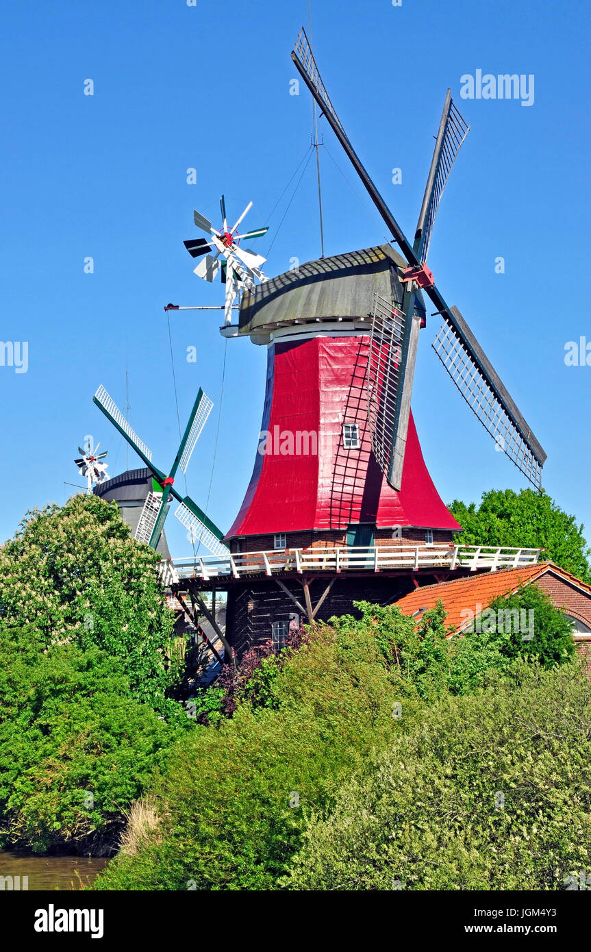 Europa, Deutschland, Niedersachsen, Ostfriesland, Friesland, Landschaft, blauer Himmel, Tag, Tageslicht, außen, Bereich Aufnahme, Foto, Reise, Tourismus, Verti Stockfoto