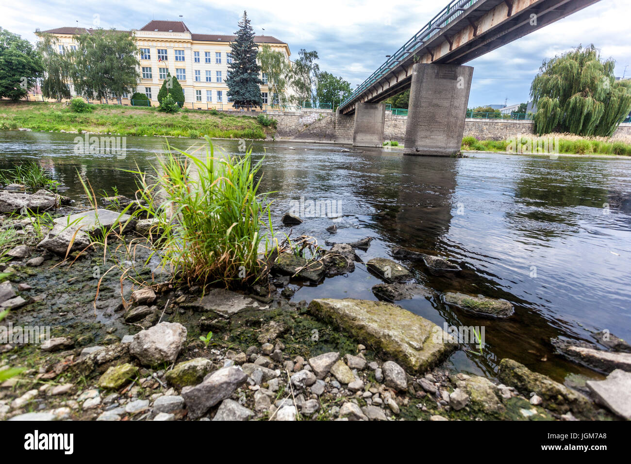 Der niedrige Fluss Dyje ist eine Folge des anhaltenden Niederschlagsmangels in Südmähren, Breclav, Tschechien, Dürre in Europa Stockfoto