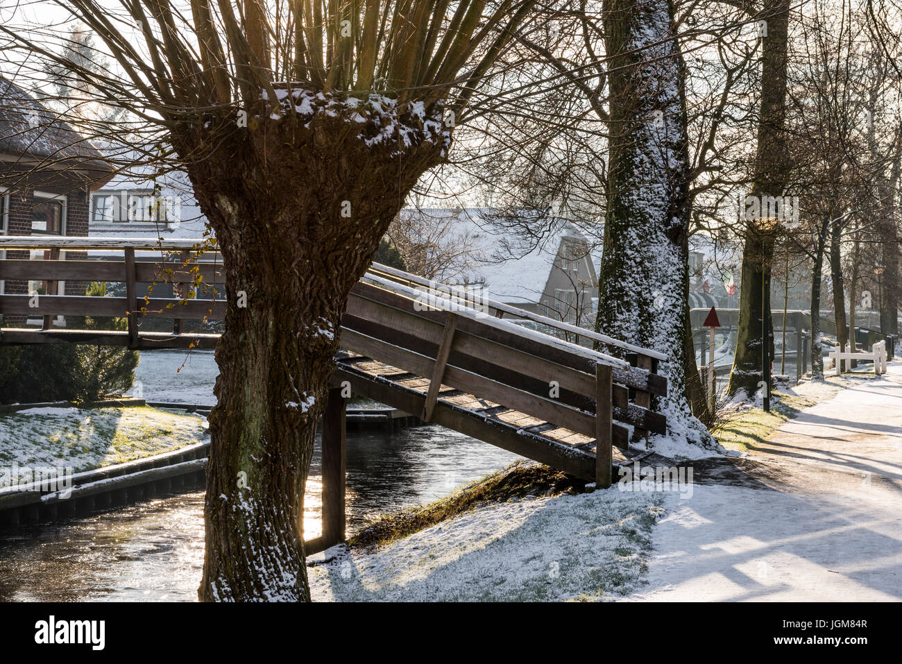 Giethoorn, Niederlande - 18. Januar 2016: Winterlandscape mit Pollard Weide, Kanal, Bauernhaus und Brücke in den typischen niederländischen Dorf Gietho Stockfoto