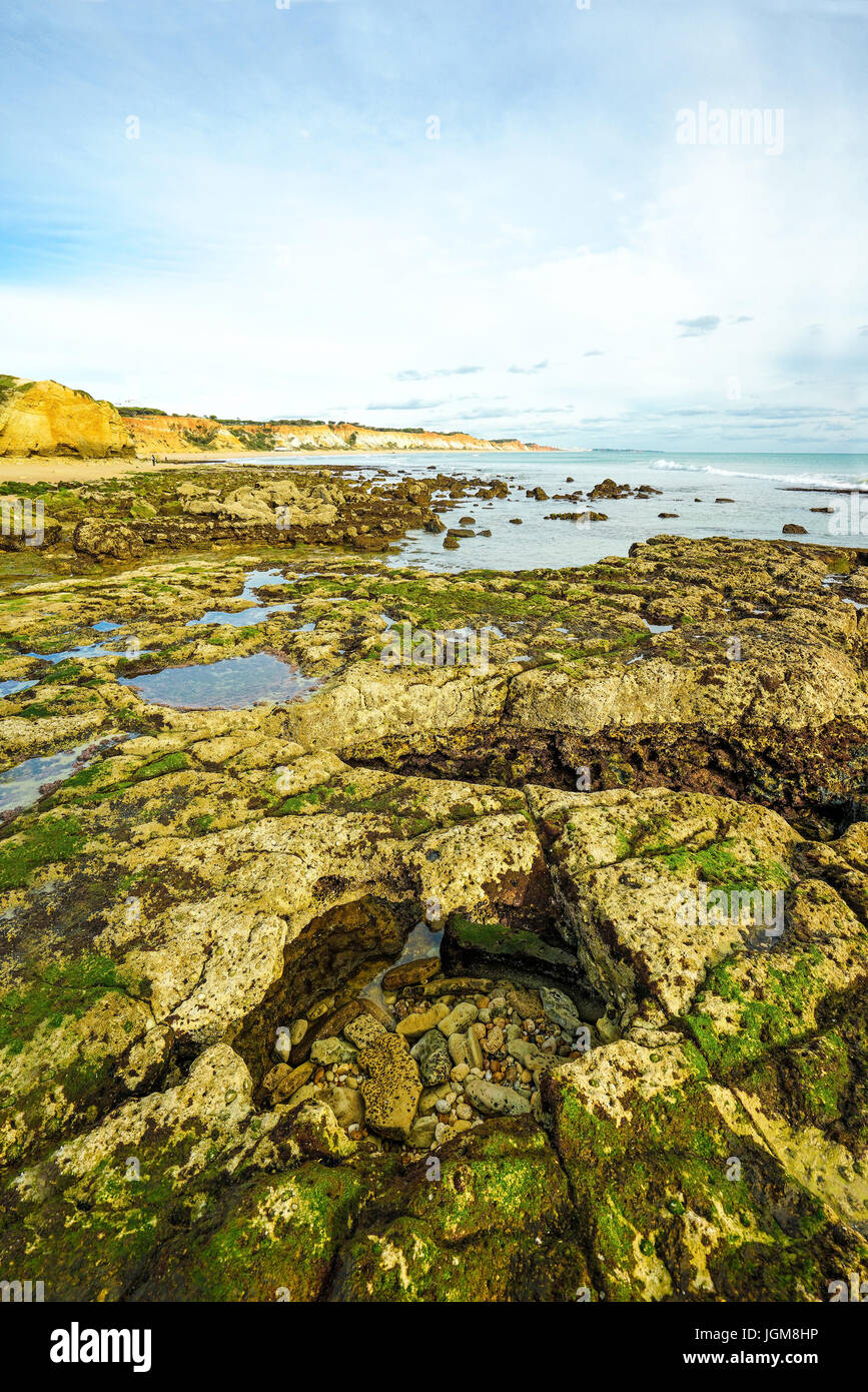 Europa, Portugal, Algarve? ? Olhos de Agua, Strand, Praia, erstirbt, Niedrigwasser, Ebbe, Felsen, Steinen, Erosion, Riff Stockfoto