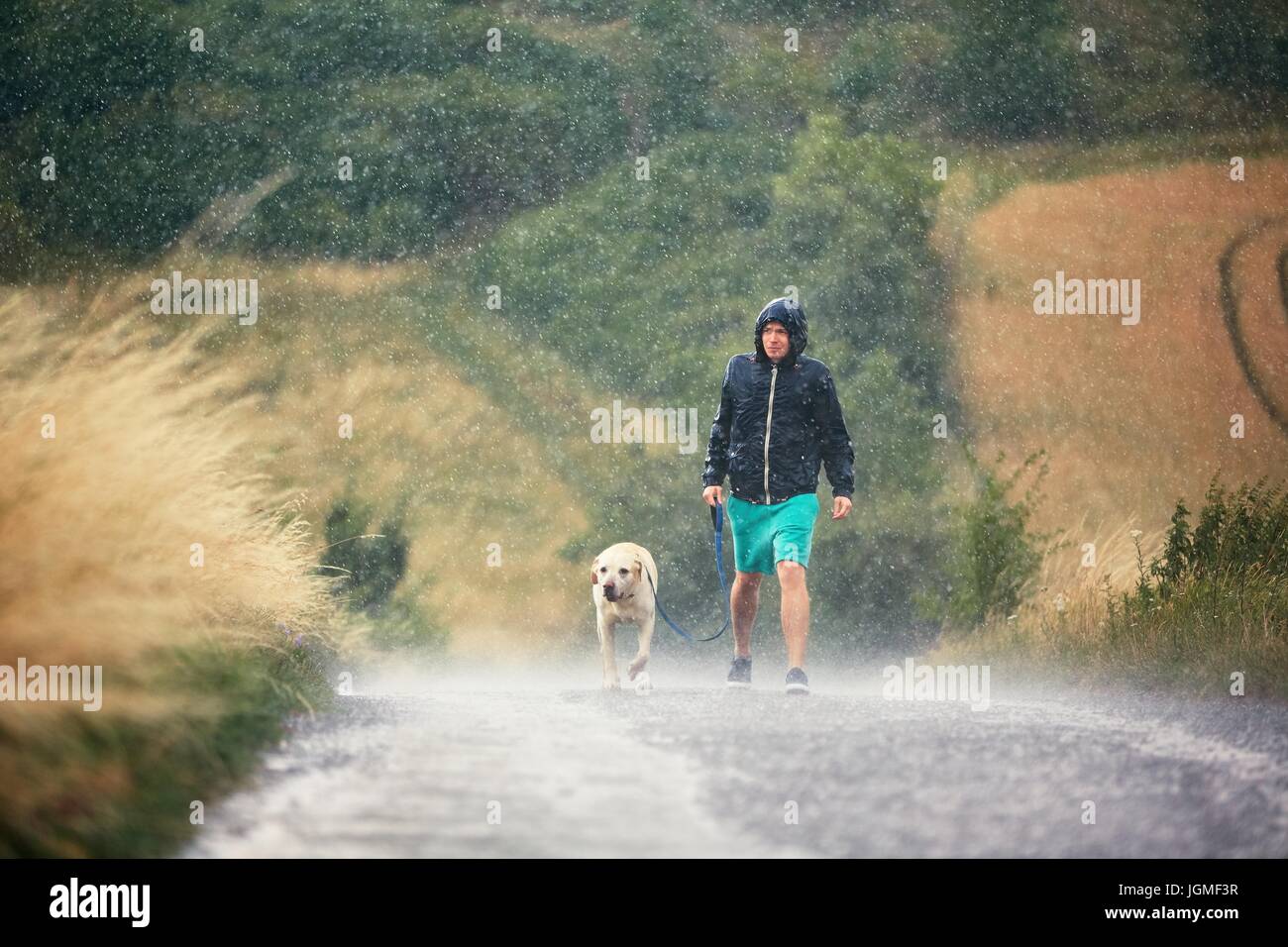 Junger Mann mit seinem Hund (Labrador Retriever) bei starkem Regen auf der Landstraße. Stockfoto