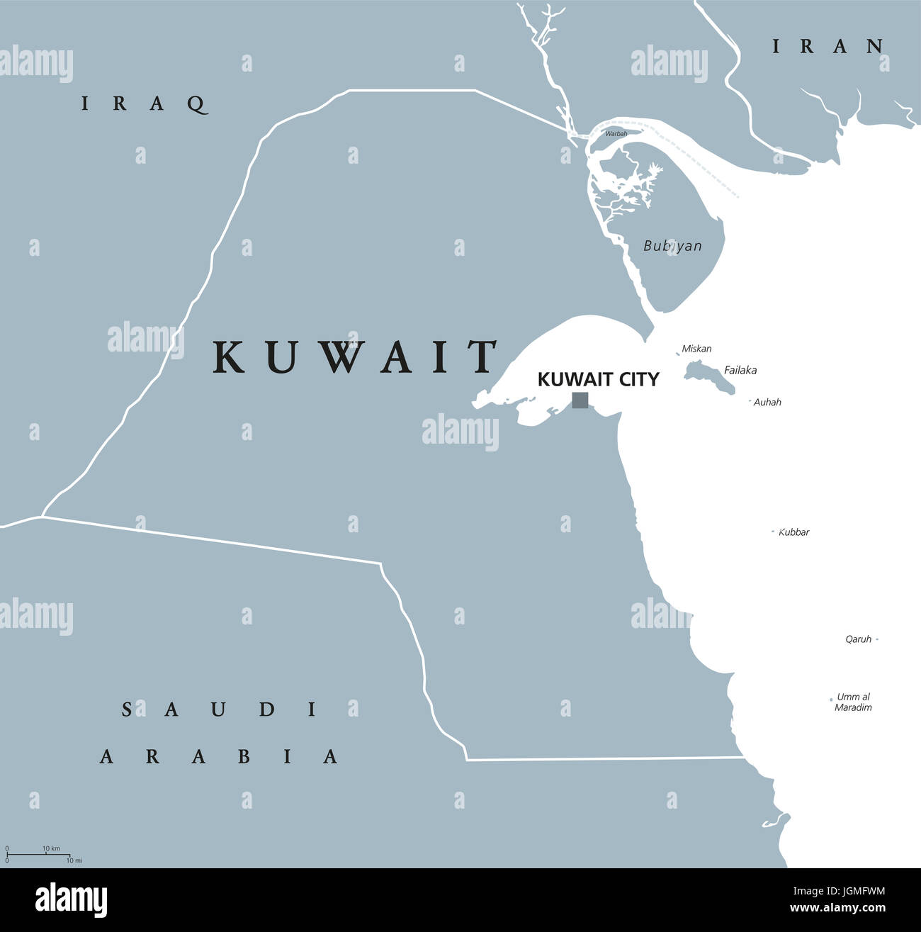Kuwait politische Karte mit Hauptstadt Kuwait-Stadt. Staat und arabischen Land im Nahen Osten, an der Spitze des Persischen Golfs. Graue Abbildung. Stockfoto