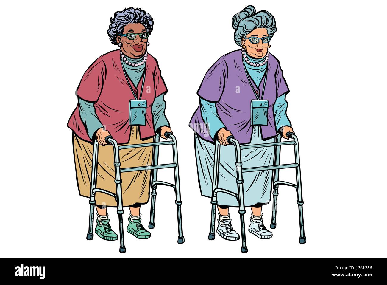Afrikanischer und europäischer Abstammung alte Damen mit walker Stock Vektor