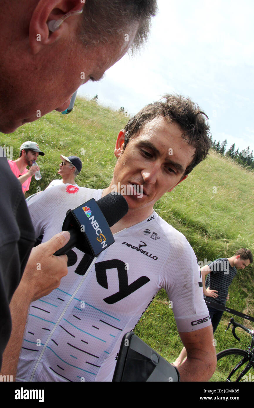 Team Sky Geraint Thomas spricht zu den Medien nach acht Etappe der Tour de France in Station des Rousses. PRESSEVERBAND Foto. Bild Datum: Samstag, 8. Juli 2017. Bildnachweis sollte lauten: Ian Parker/PA Wire Stockfoto