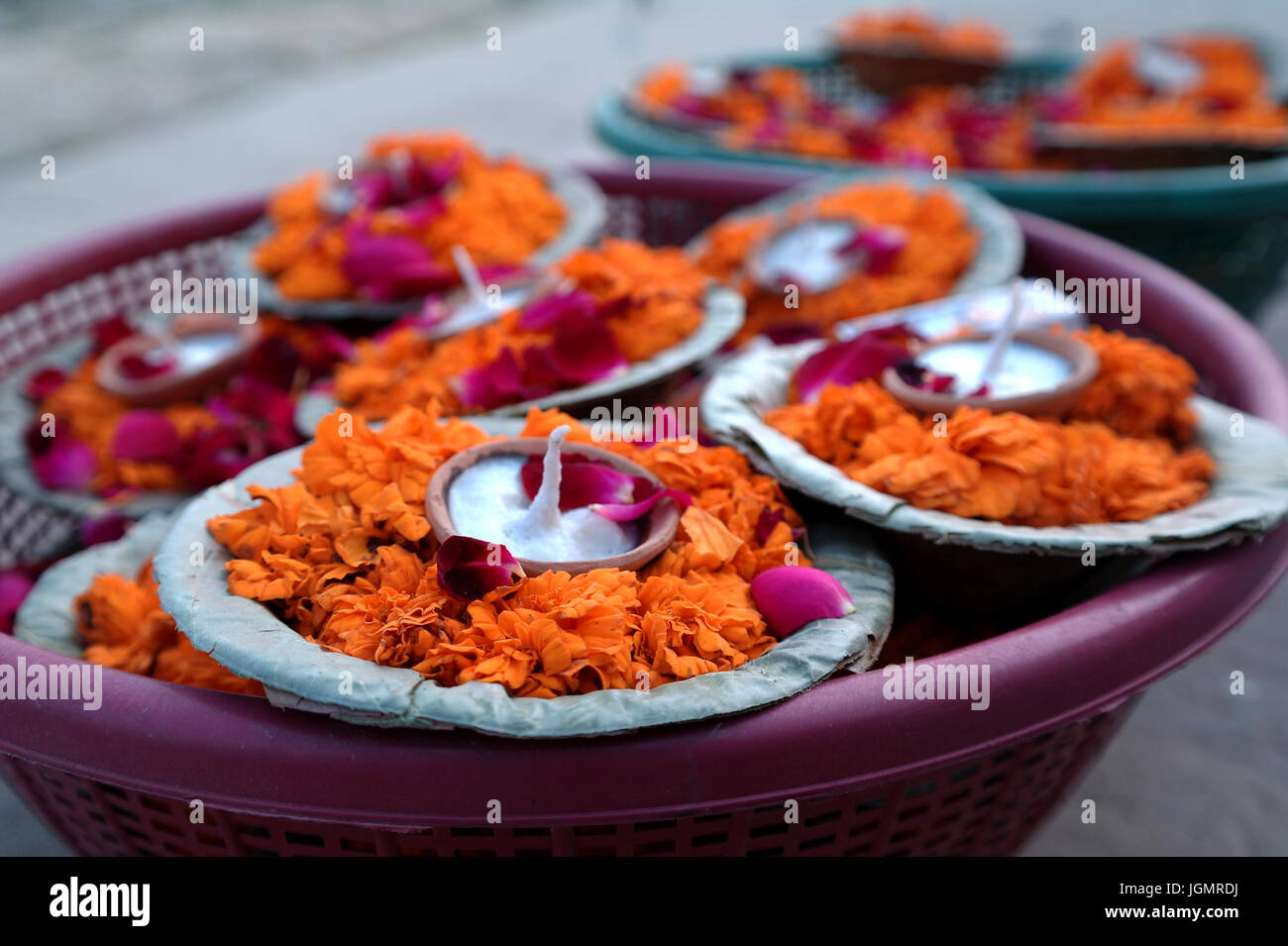 Angebote von Blumen oder Puja, Varanasi, Indien Stockfoto