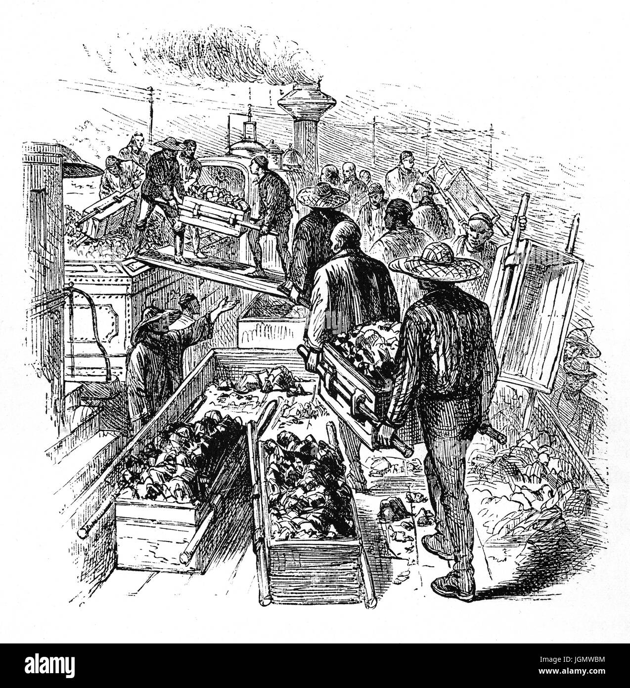 1879: Laden von Kohle auf ein Triebwagen in Winnemucca, Nevada, Vereinigte Staaten von Amerika Stockfoto