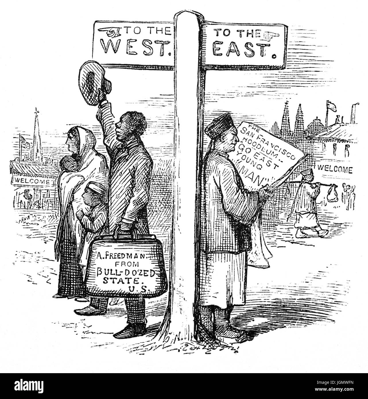 1879: "Zwei schwierige Probleme selbst zu lösen", 19. Jahrhundert politischer cartoon, San Francisco, California, Vereinigte Staaten von Amerika Stockfoto