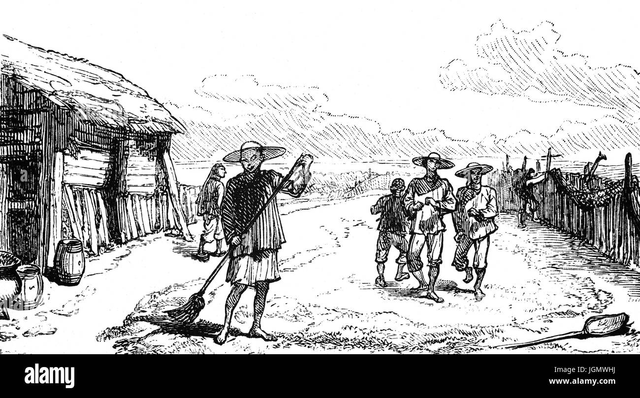 1879: chinesische Arbeiter zerkleinern Garnelen für den Export, San Francisco, California, Vereinigte Staaten von Amerika Stockfoto