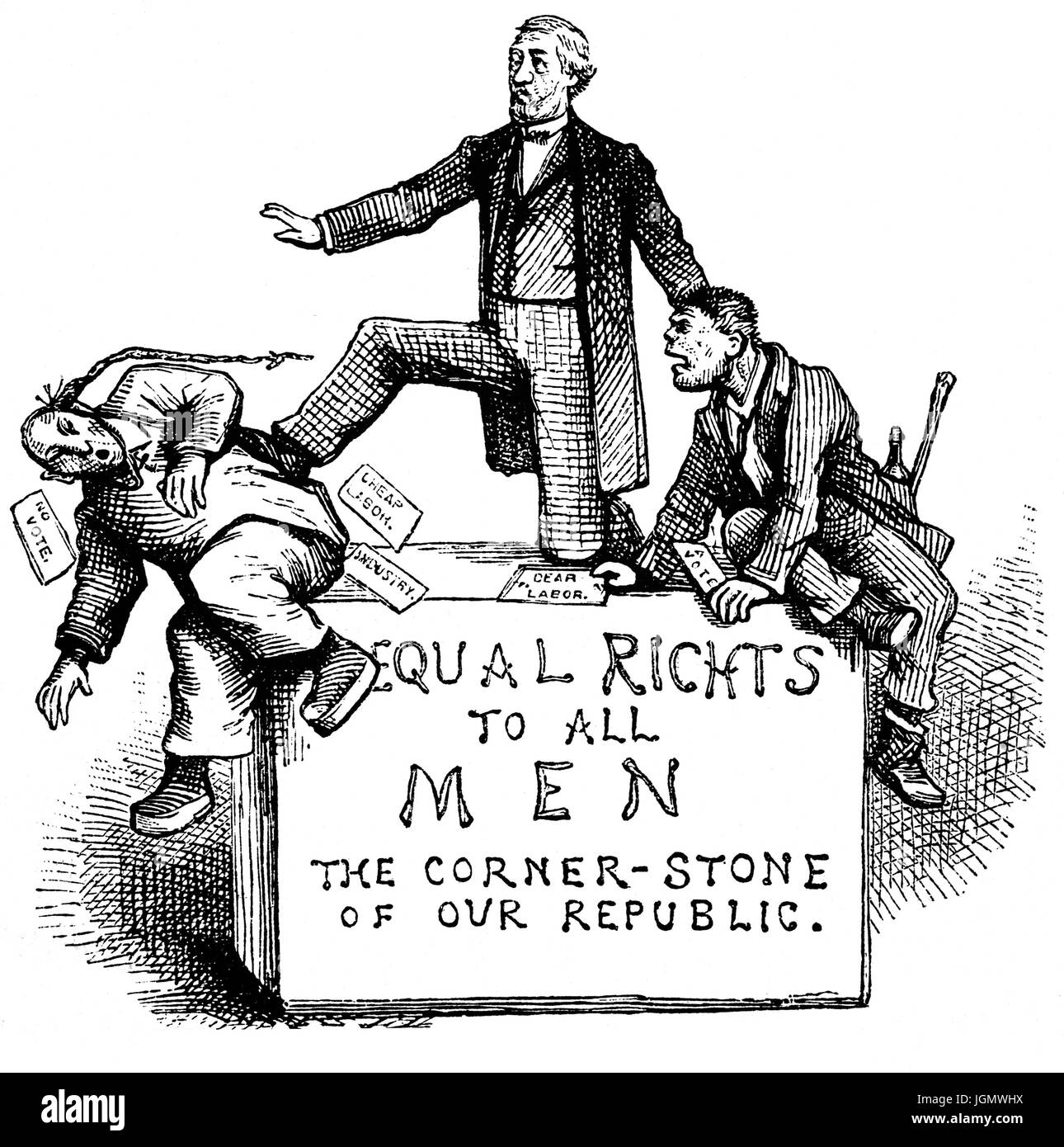 1879: ein Ende des 19. Jahrhunderts politische Karikatur illustriert das Vorurteil gegen die chinesische Einwanderung in der pazifischen Küste, San Francisco, California, Vereinigte Staaten von Amerika Stockfoto