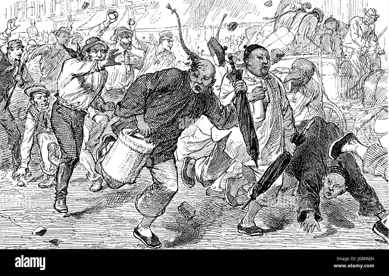 1879: Ganoven bewarfen chinesischen Emigranten mit Steinen auf die Ankunft in San Francisco, California, Vereinigte Staaten von Amerika Stockfoto