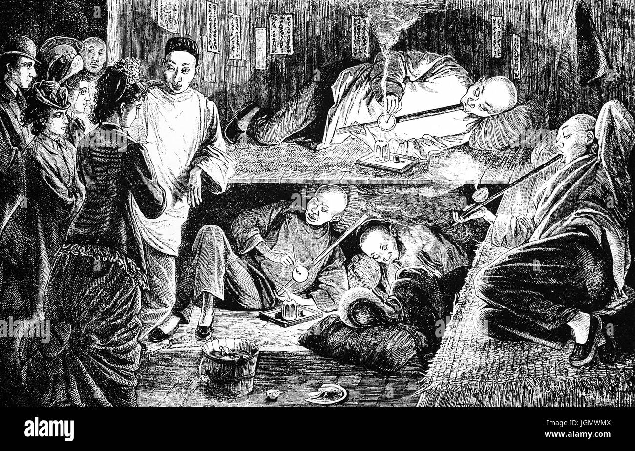 1879: mißbilligenden Besucher ein Opium-Palast oder Höhle, China Town, San Francisco, California, Vereinigte Staaten von Amerika Stockfoto