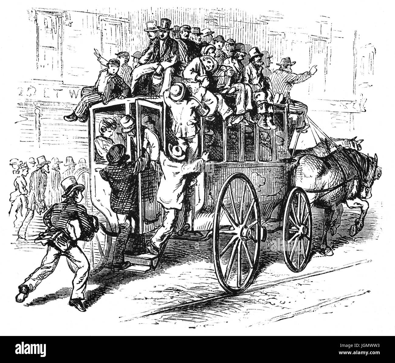 1879: einen überfüllten Omnibus in Chicago, Illinois, Vereinigte Staaten von Amerika Stockfoto