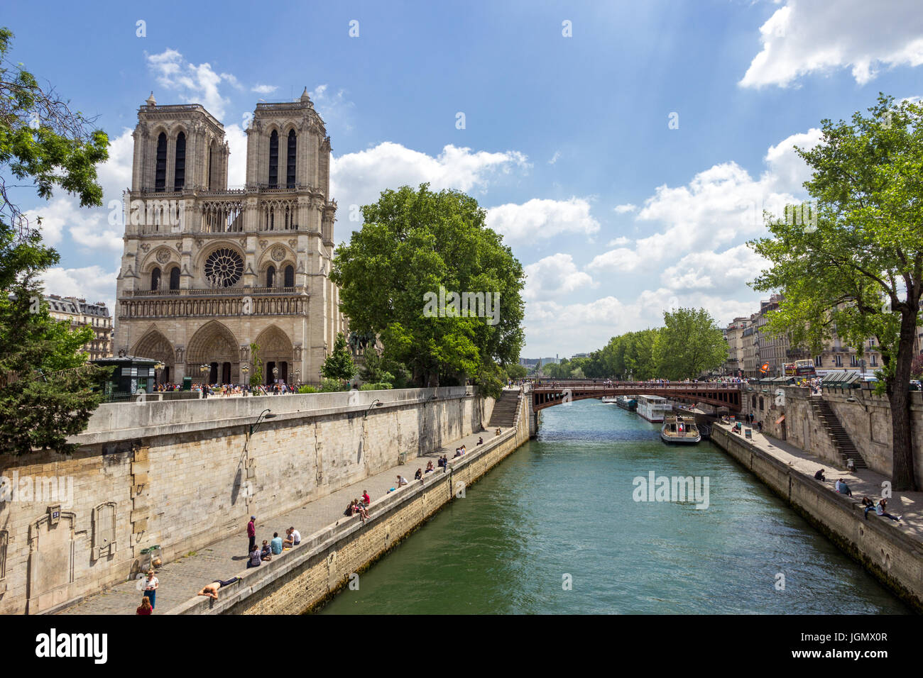 PARIS - 19. Juni 2015: Blick auf die Kathedrale Notre Dame, am Ufer der Seine im Herzen von Paris. Stockfoto