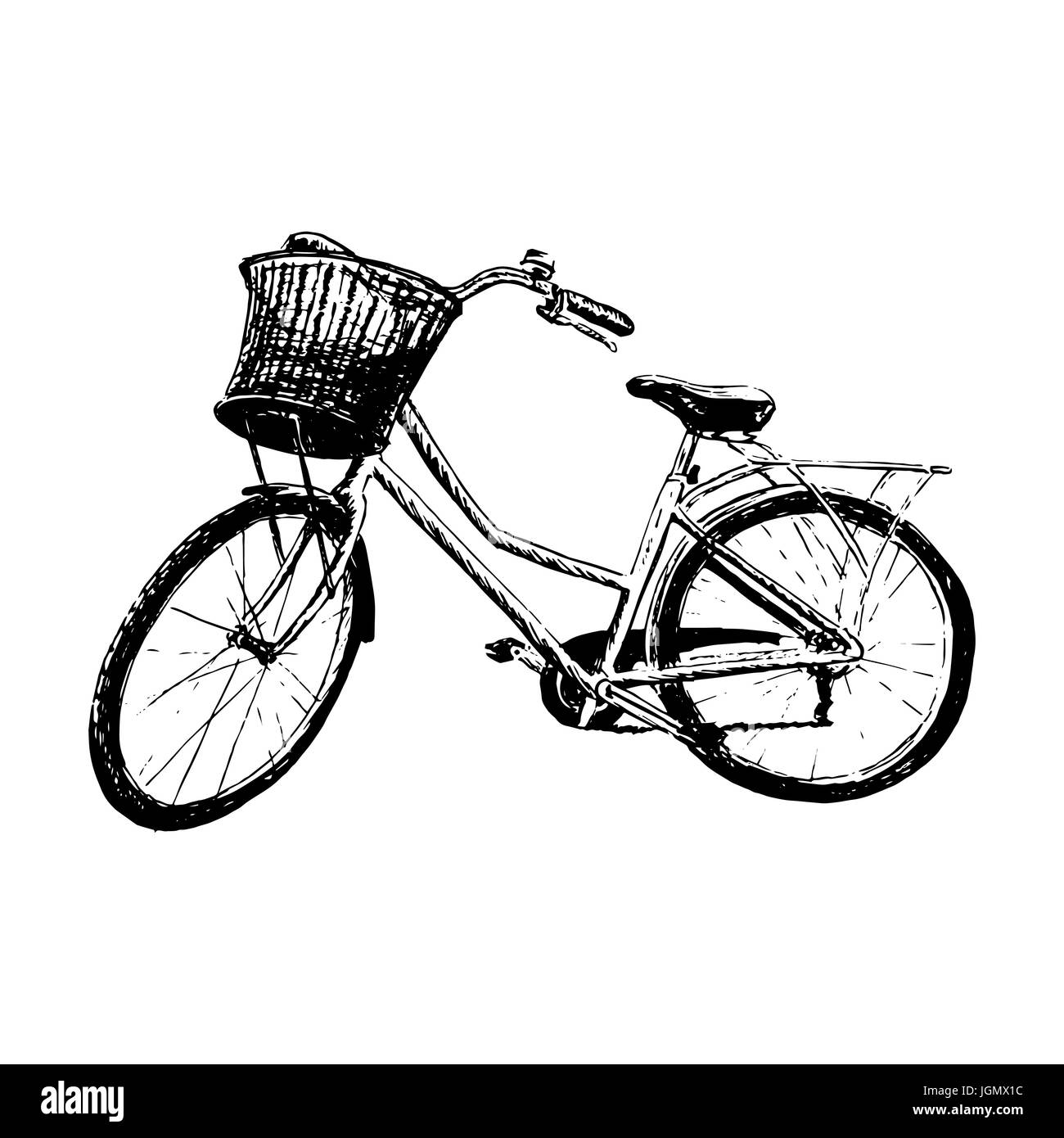 Klassische Fahrrad mit Korb Silhouette, detaillierte Vektor-Illustration. Vintage Grafiken. Handgezeichnete Skizze Vektorgrafik. Für Drucke, Textil, Werbe Stock Vektor